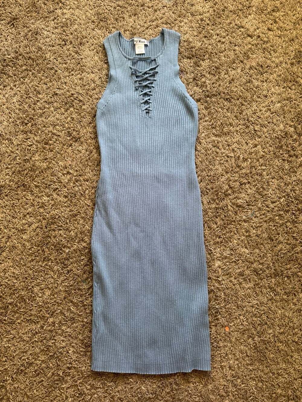 Say What? Blue Lace-Up Ribbed Knit Midi Dress Size L Style 803879